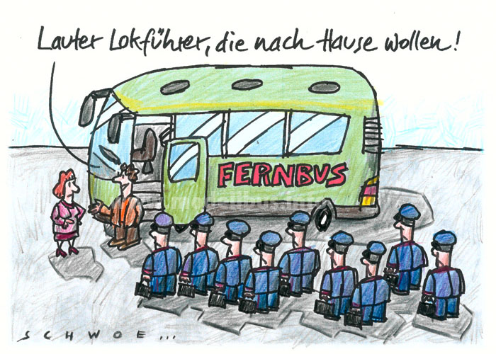 Karikatur Bahnstreik Fernbus Boom - modellbus.info